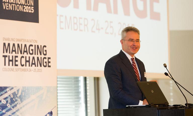 Roland Berger Senior Partner Martin Streichfuss speaking at the Aviation Convention in Cologne.