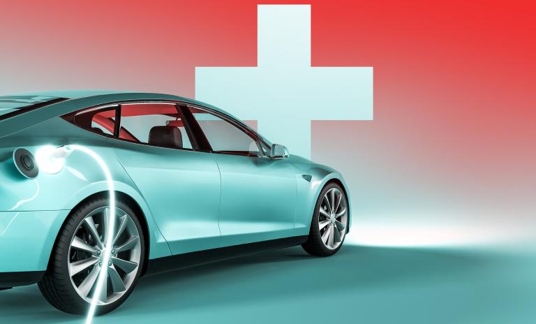 image of an electric car against the background of the Switzerland flag