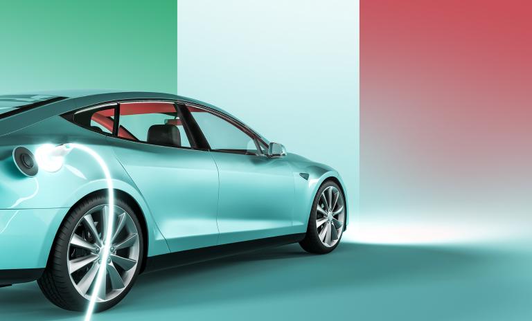 image of an electric car against the background of the Italian flag