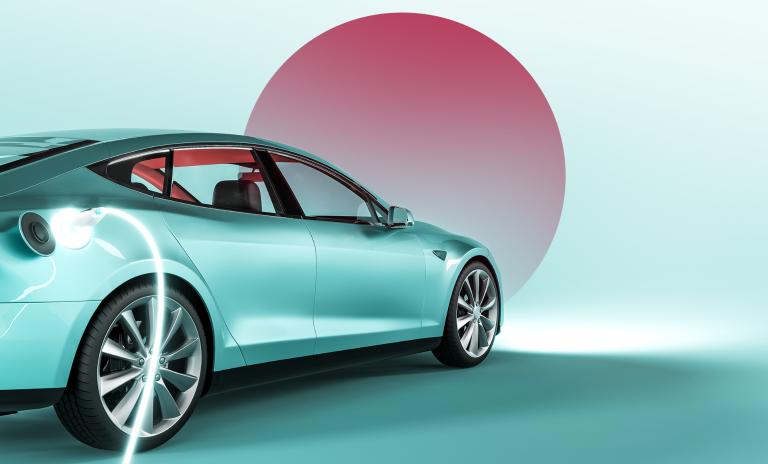 image of an electric car against the background of the Japanese flag