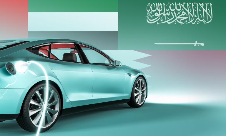 image of an electric car against the background of the flag