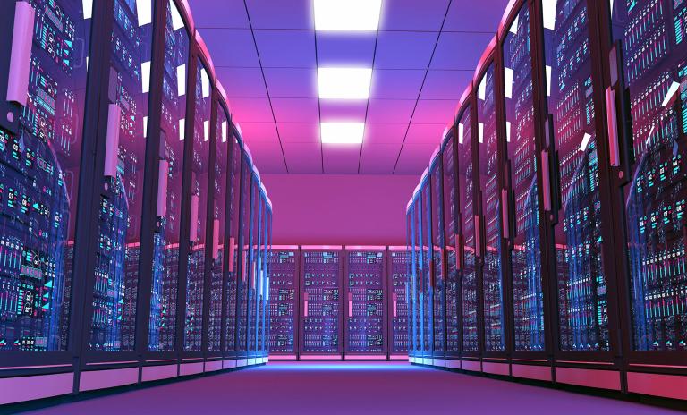 Room with servers in purple color