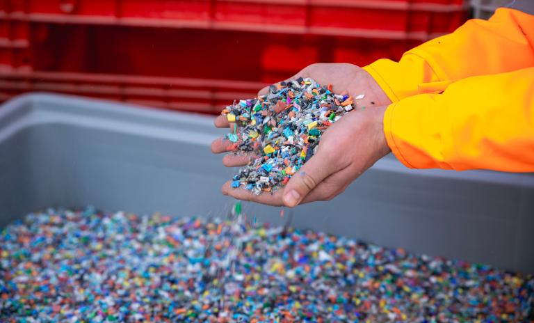 Plastic pieces broken down for recycling