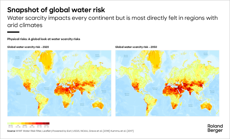 This image showcases maps of global water scarcity for the years 2020 and 2050. It focuses on regions like the Middle East, North Africa, and parts of Asia, emphasizing the intensifying water scarcity due to arid climates, high population growth, and overuse in agriculture.