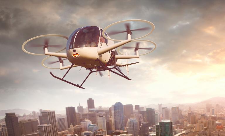 An unmanned, autonomous drone flying through the sky.