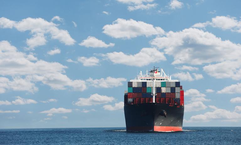 Cargo ship on the horizon among the water