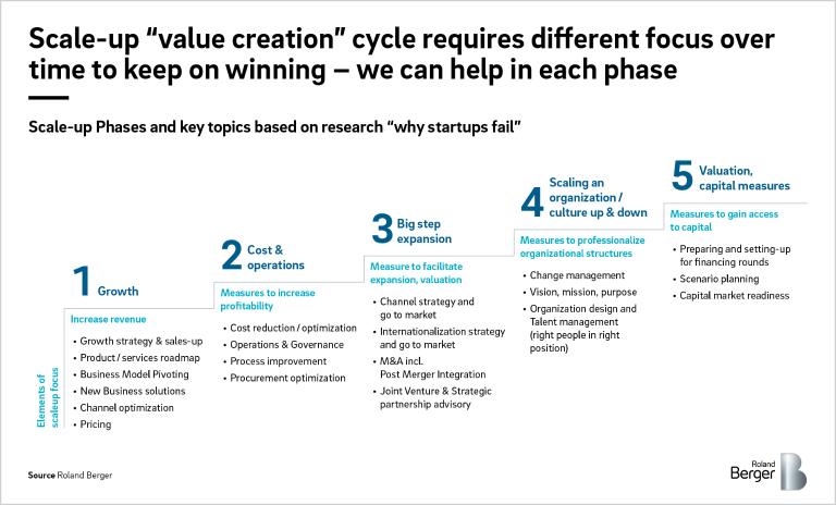Scale-up Phases and key topics based on research "why startups fail".