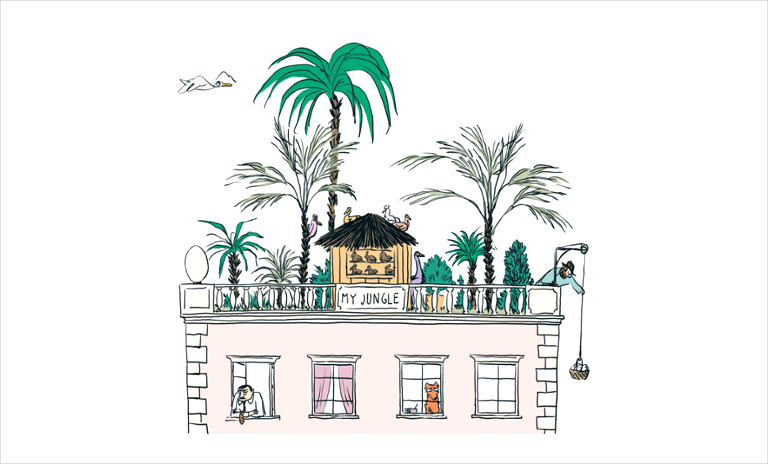 An illustration of a city roof with a small jungle growing on it.