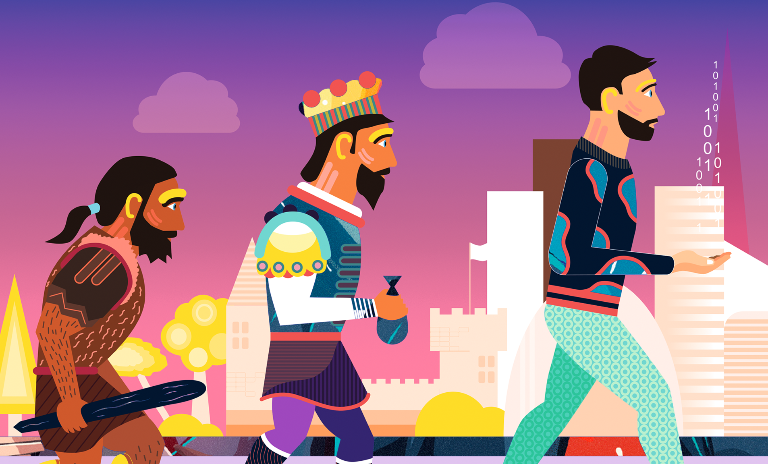 A caveman with a club following a man in medieval clothing with a sack of coins following a man in a sweater and jeans with binary code floating above his hand © Mathis Rekowski