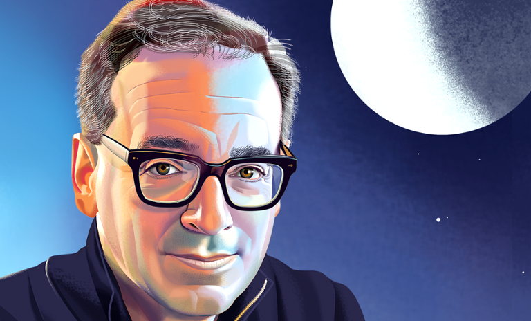 An illustrated portrait of author Daniel Pink, featuring a day and night sky motif in the background.