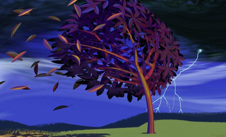 Illustration of a red-brown tree on a lawn with short grass, tree is bent slightly to the left in the wind with leaves falling away to the left side, lightning strike on the right side, stormy dark sky in the background.