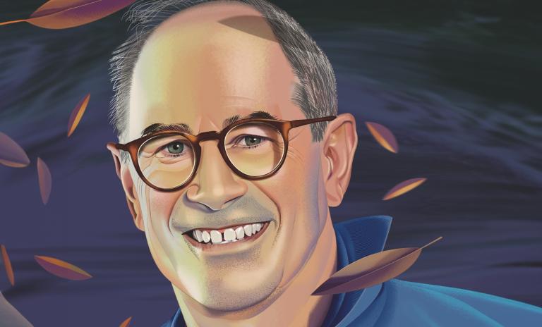 Portrait of illustration of Roger Martin looking into the camera and smiling, wearing a petrol blue shirt, left side of collar tilted upwards, dark background behind him with pale swirls to indicate a whirlwind and leaves falling randomly around and in front of him.
