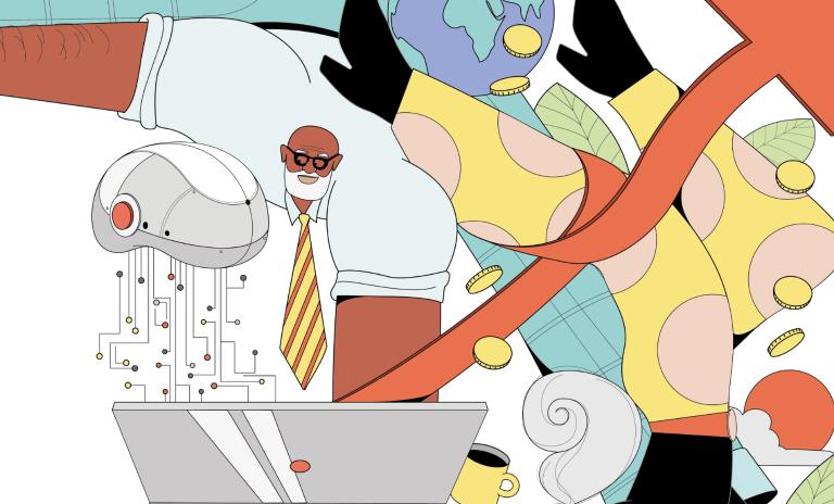 Crop of an illustration by Matthias Seifarth of people stretching - one bald and bearded man wearing sunglasses, shirt, tie and spearmint green-colored pants. Only extended legs in leggings and black boots are visible for the other person.