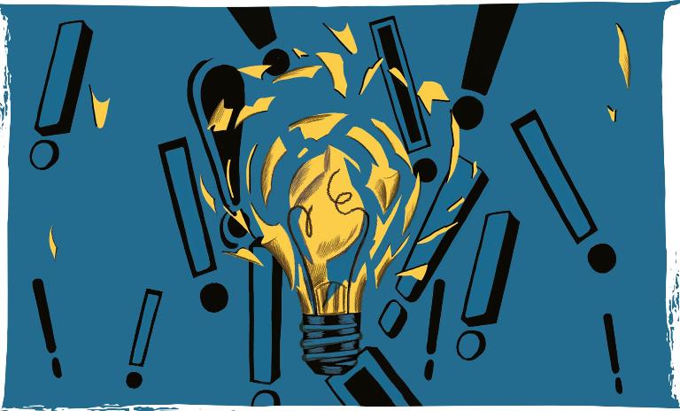An illustration of a breaking lightbulb with exclamation points behind it