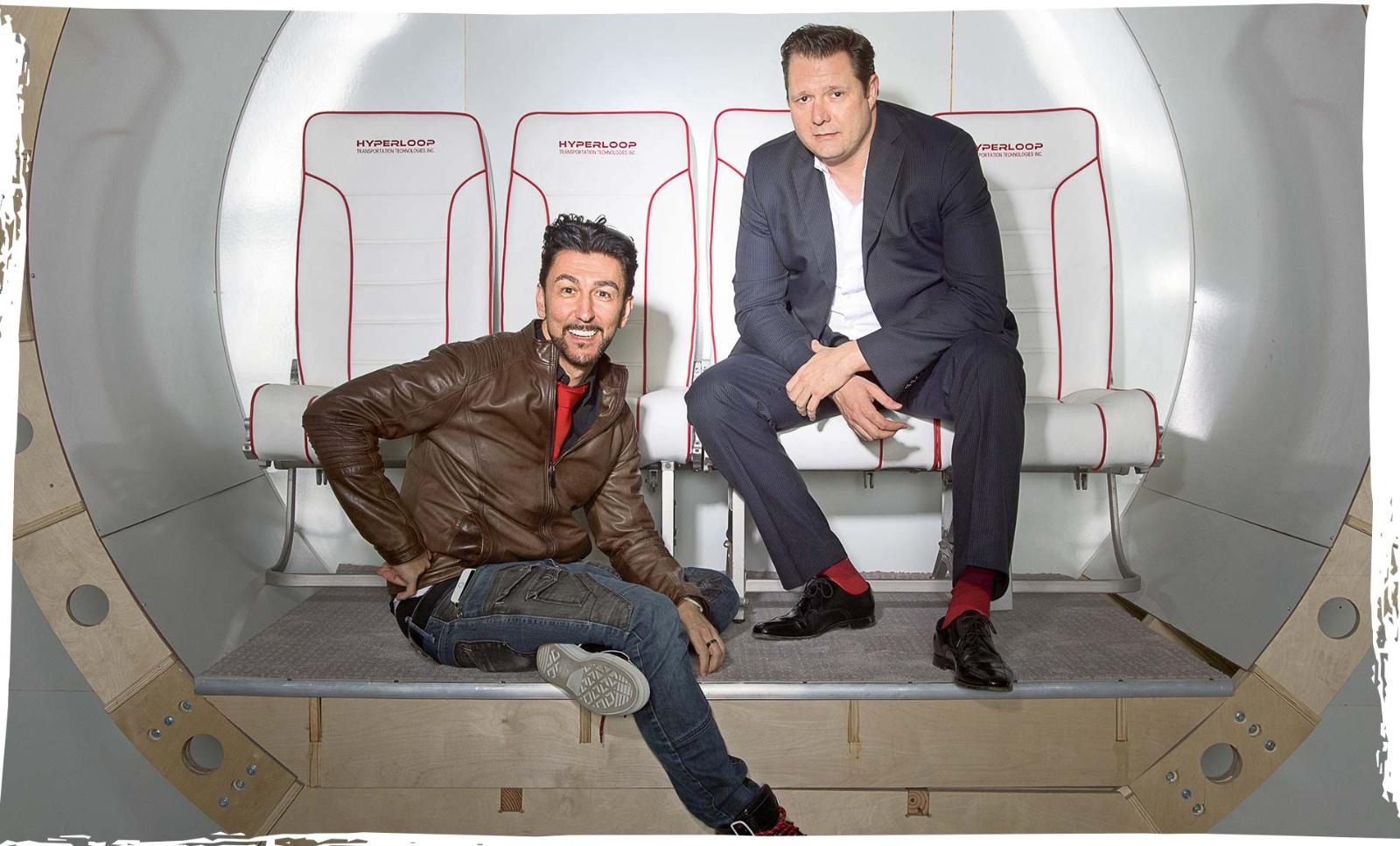 Front row seats: HTT founders Bibop Gresta and Dirk Ahlborn pose in an early model of their capsule's interior in 2016.