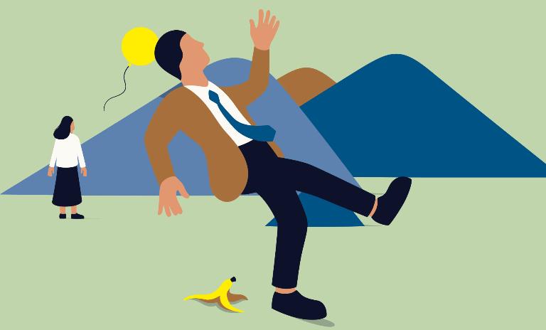 An illustration of a man slipping on a banana peel