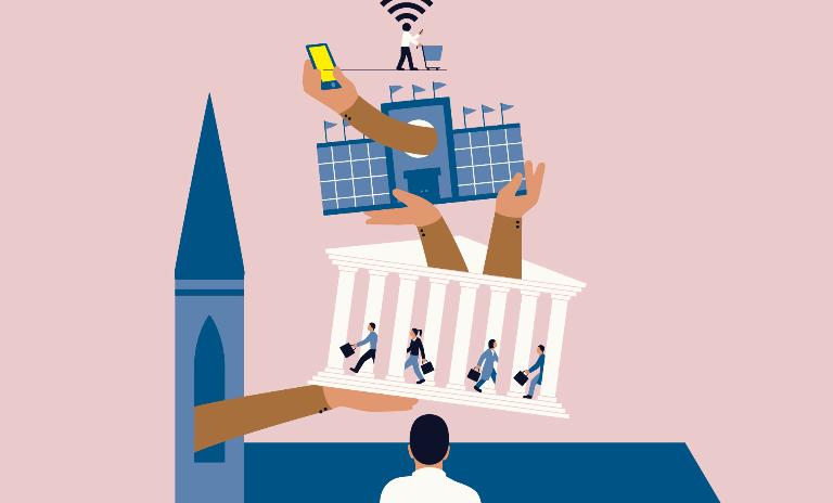 The evolution of commerce depicted by an illustration of hands holding a temple, cathedral and shopping mall with an internet shopper at the top.