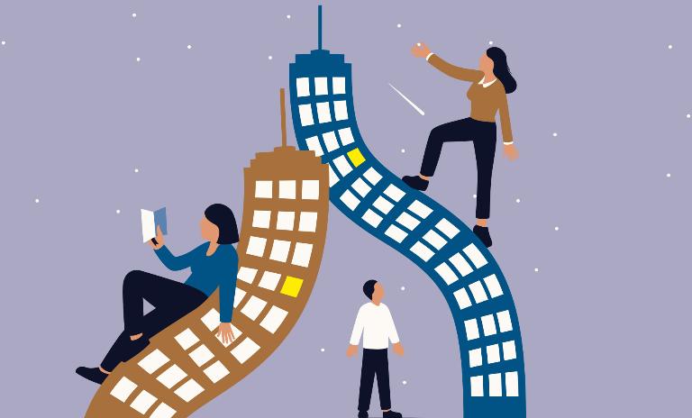 An illustration of people leaning against and climbing bending skyscrapers