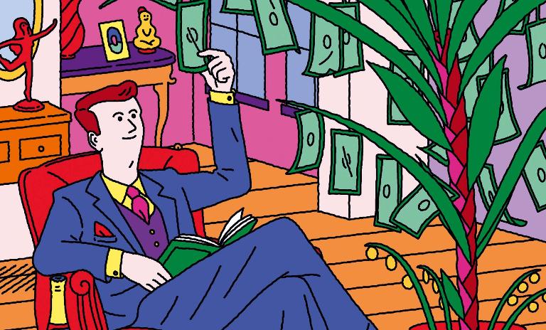 An illustration of a man in a suit picking money from a large house plant