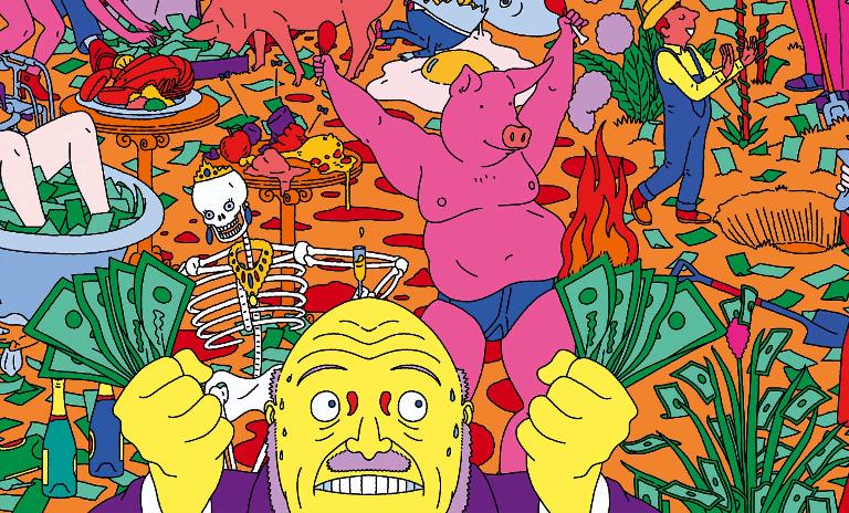 “Sustainability” depicted by an illustration of people farming money trees and a pot of gold at the end of the rainbow