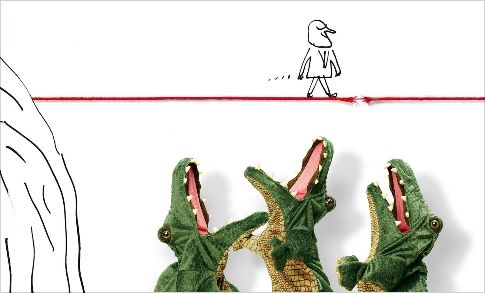 A cartoon figure walks on a breaking tightrope over three puppet alligators
