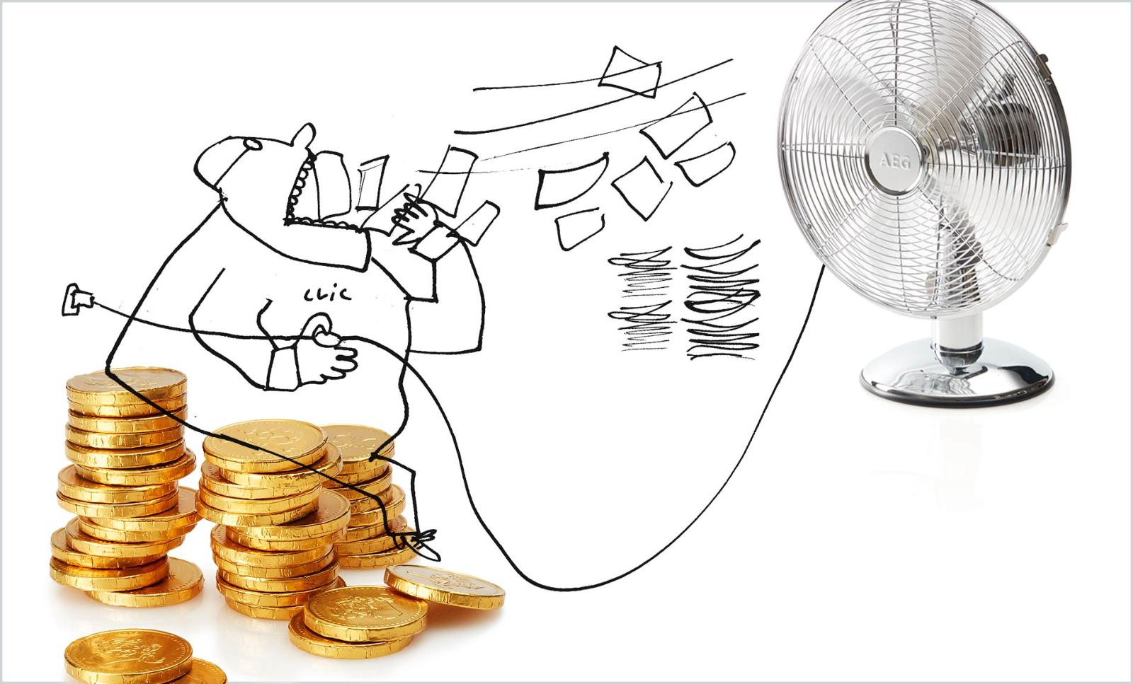 A cartoon figure sitting on a pile of gold with a fan that blows stock papers in its mouth
