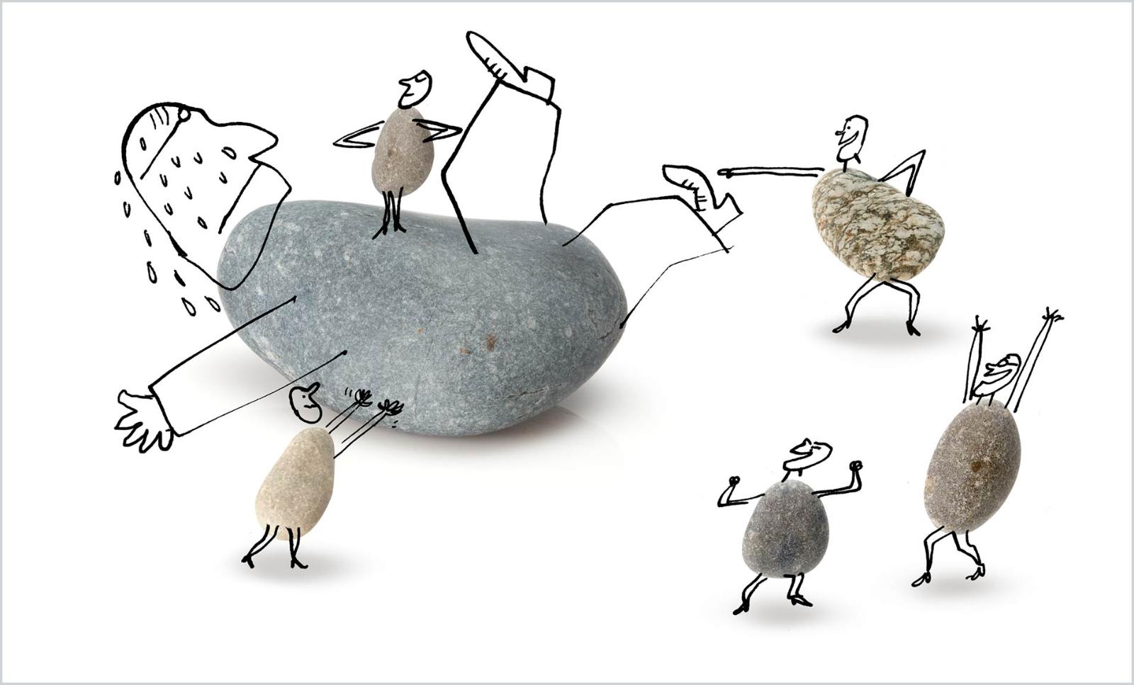 An anthropomorphic rock being attacked on the ground by five smaller anthropomorphic rocks
