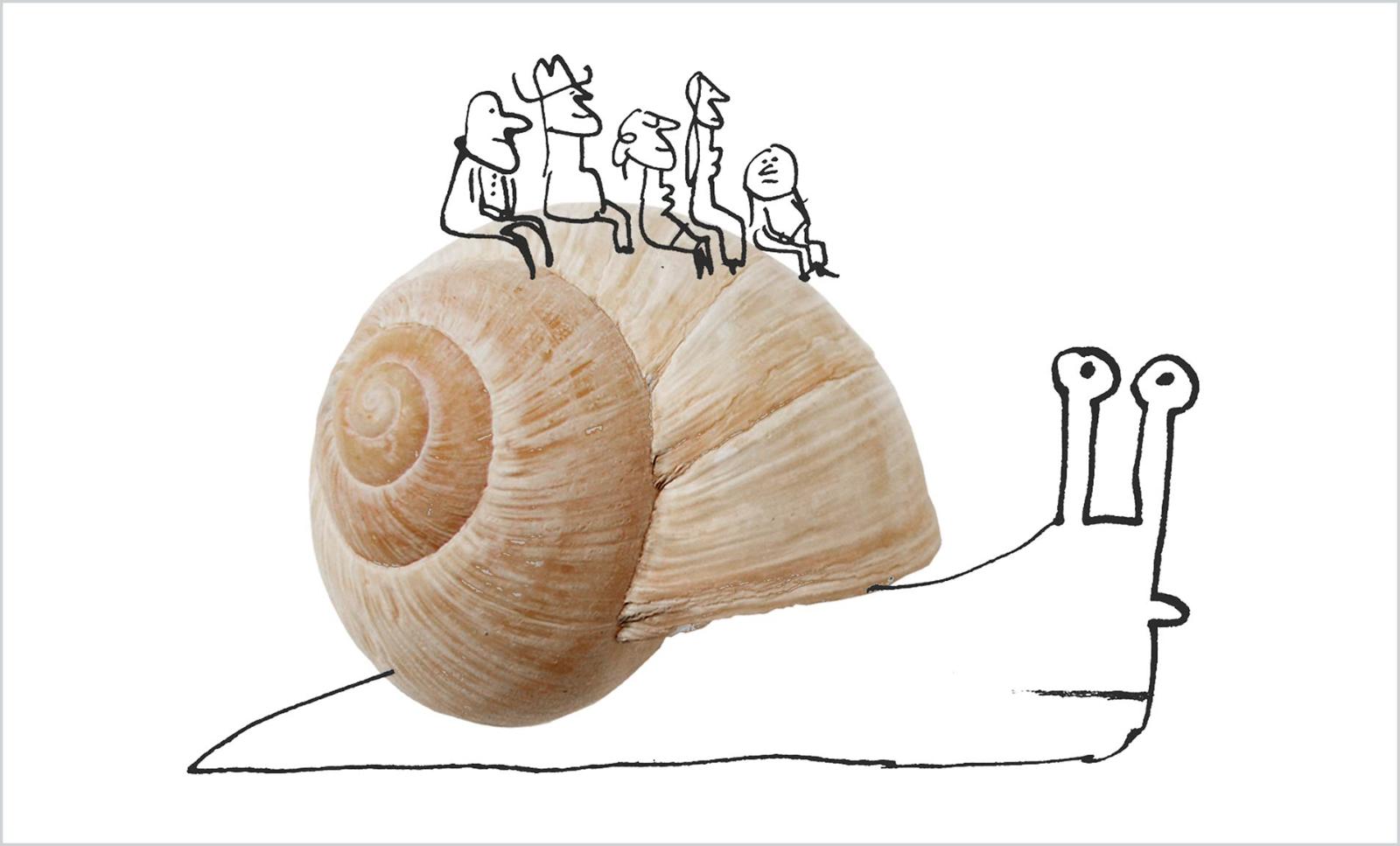 Five cartoon figures ride a giant snail