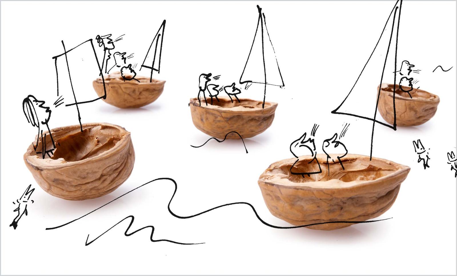 Cartoon figures blow wind into the sails of their own boats made of walnut shells