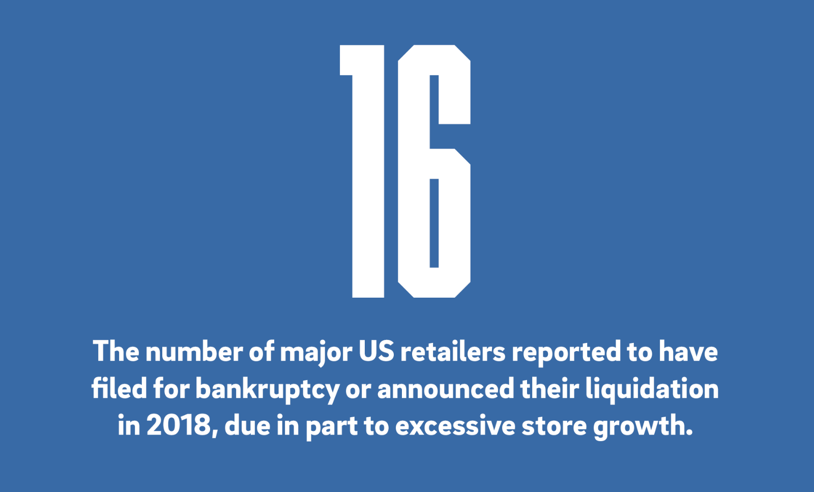 16 is the number of major US retailers reported to have filed for bankruptcy or announced their liquidation in 2018, due in part to excessive store growth.