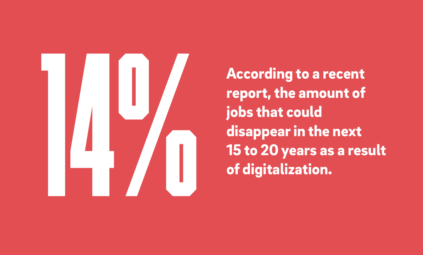 14% - According to a recent report, the amount of jobs that could disappear in the next 15 to 20 years as a result of digitalization.