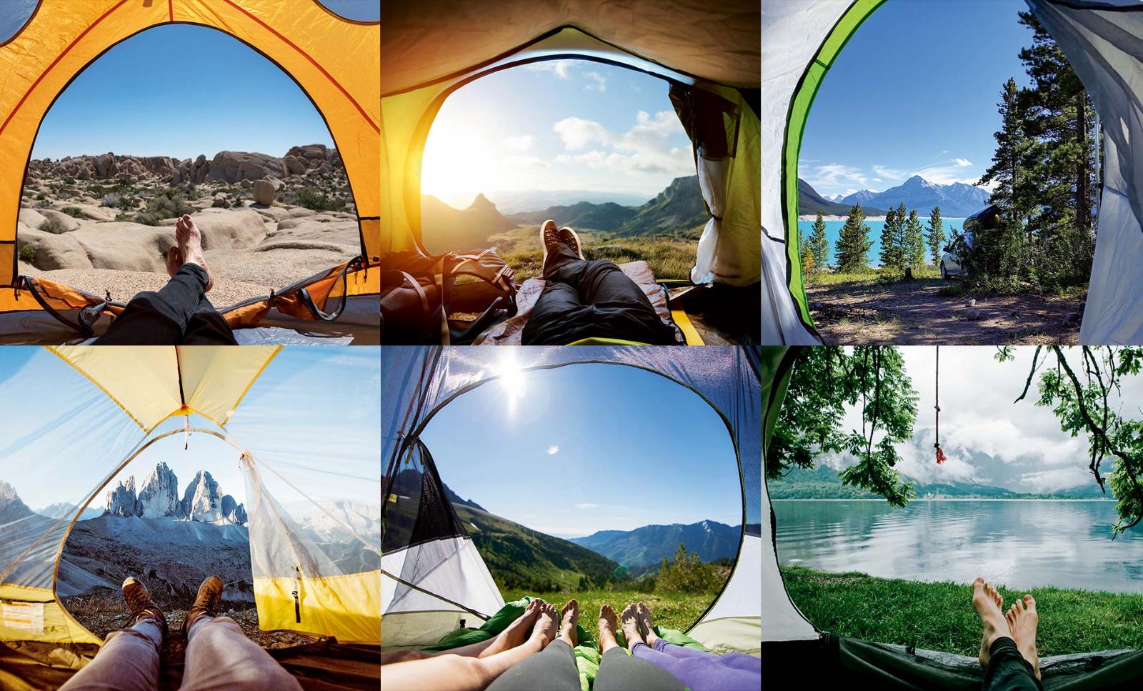 Multiple similar photos of people’s feet and the door of a tent