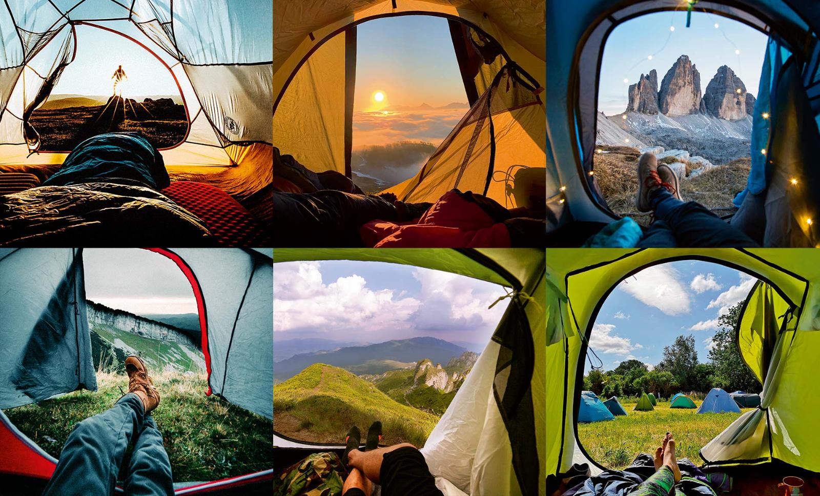 Multiple similar photos of people’s feet and the door of a tent