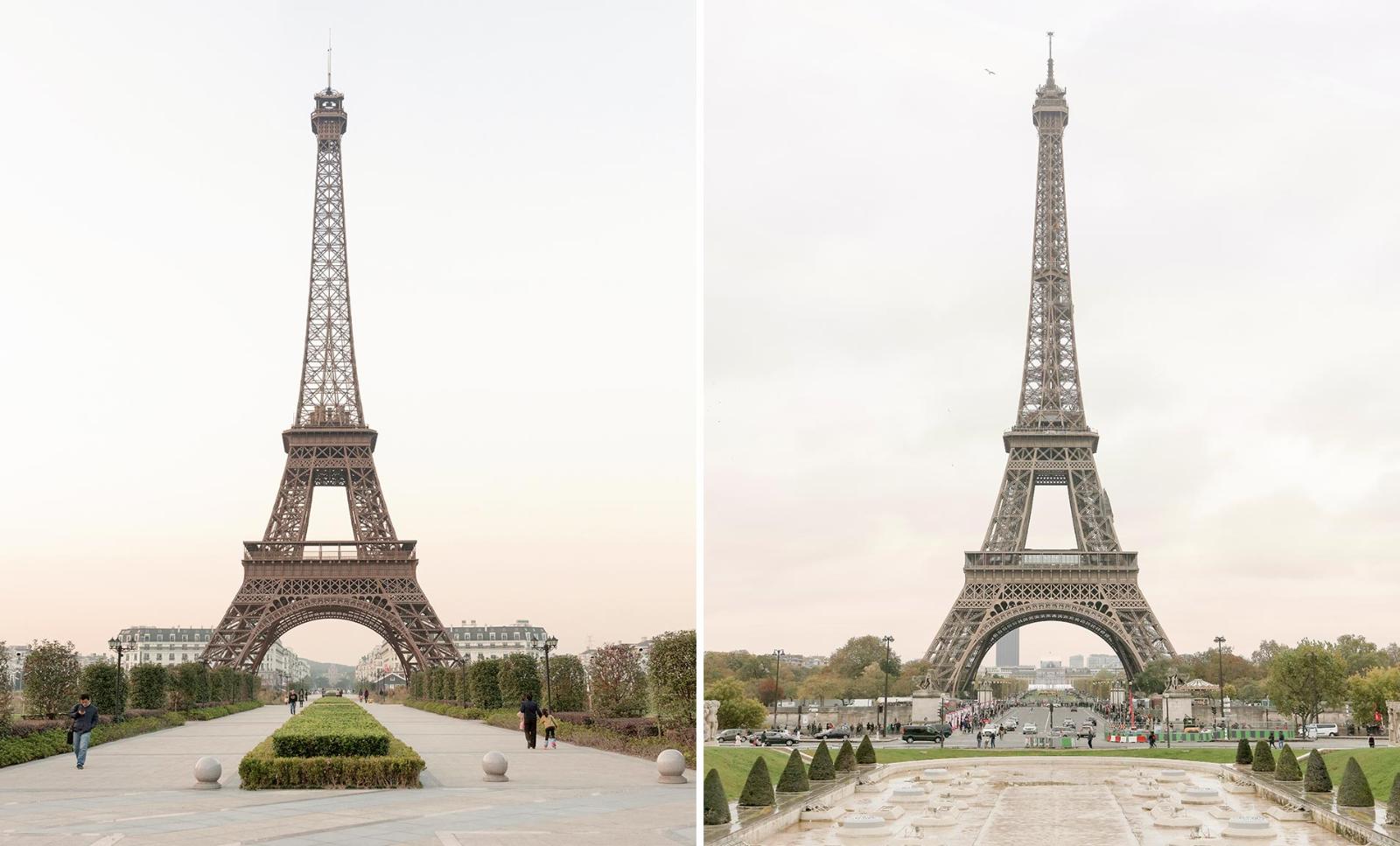 Pictures of the real Eiffel Tower in Paris next to the replica located in Tianducheng, China.