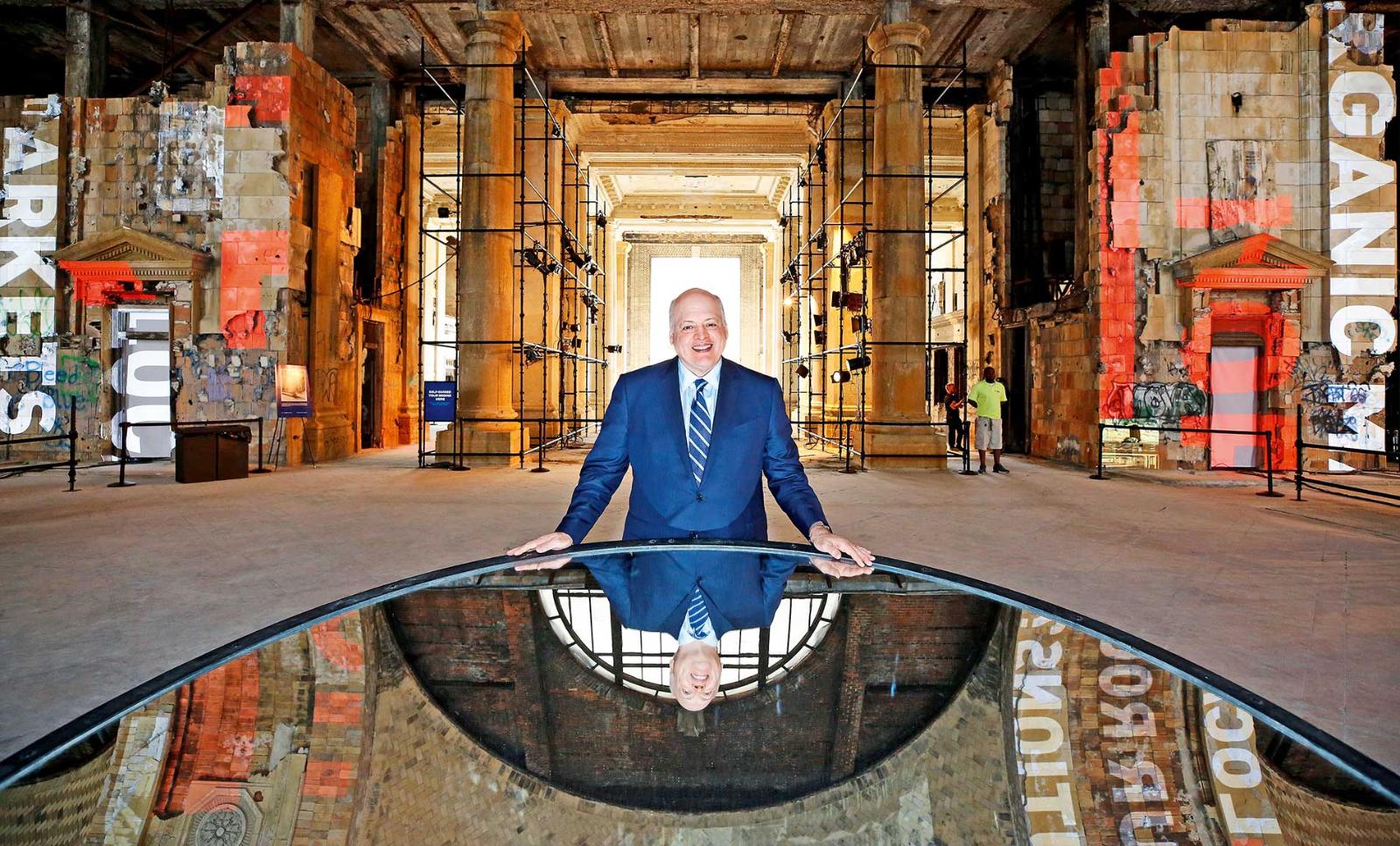 Thinking big - President and CEO of Ford Motor Co. Jim Hackett inside Michigan Central Station. He will redevelop the former train depot as part of a new downtown campus for autonomous and electric vehicle businesses.