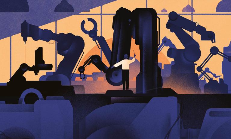 An illustration of a man holding a conductor’s baton and standing in front of number of robotic arms, symbolizing the potential of working with technology