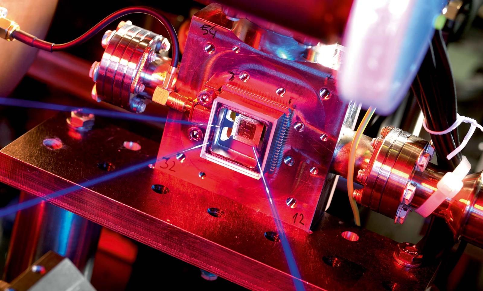 A scalable platform: A microtrap makes use of electromagnetic fields to keep charged atomic particles in a confined space. The qubits they store can then be manipulated by lasers.