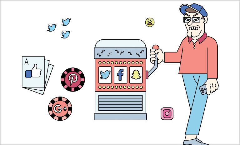 A man holding a smartphone plays a slot machine with Twitter, Facebook and SnapChat logos