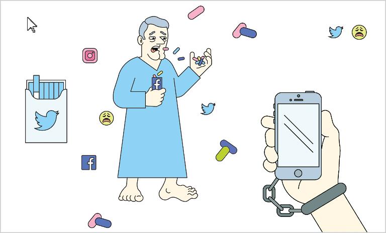 A man obsessed with technology and the internet holds a bottle of pills with the Facebook logo