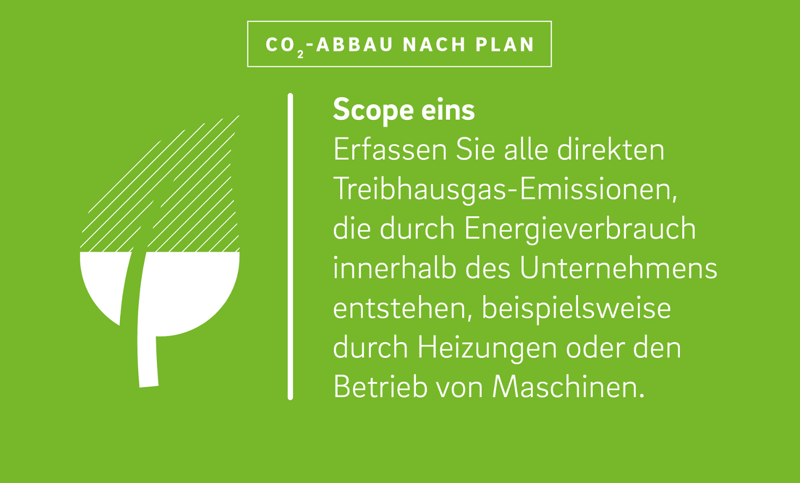 Neben der Illustration eines Blattes steht der Text:
„Scope eins
Erfassen Sie alle direkten Treibhausgas-Emissionen, die durch Energieverbrauch innerhalb des Unternehmens entstehen, beispielsweise durch Heizungen oder den Betrieb von Maschinen.“