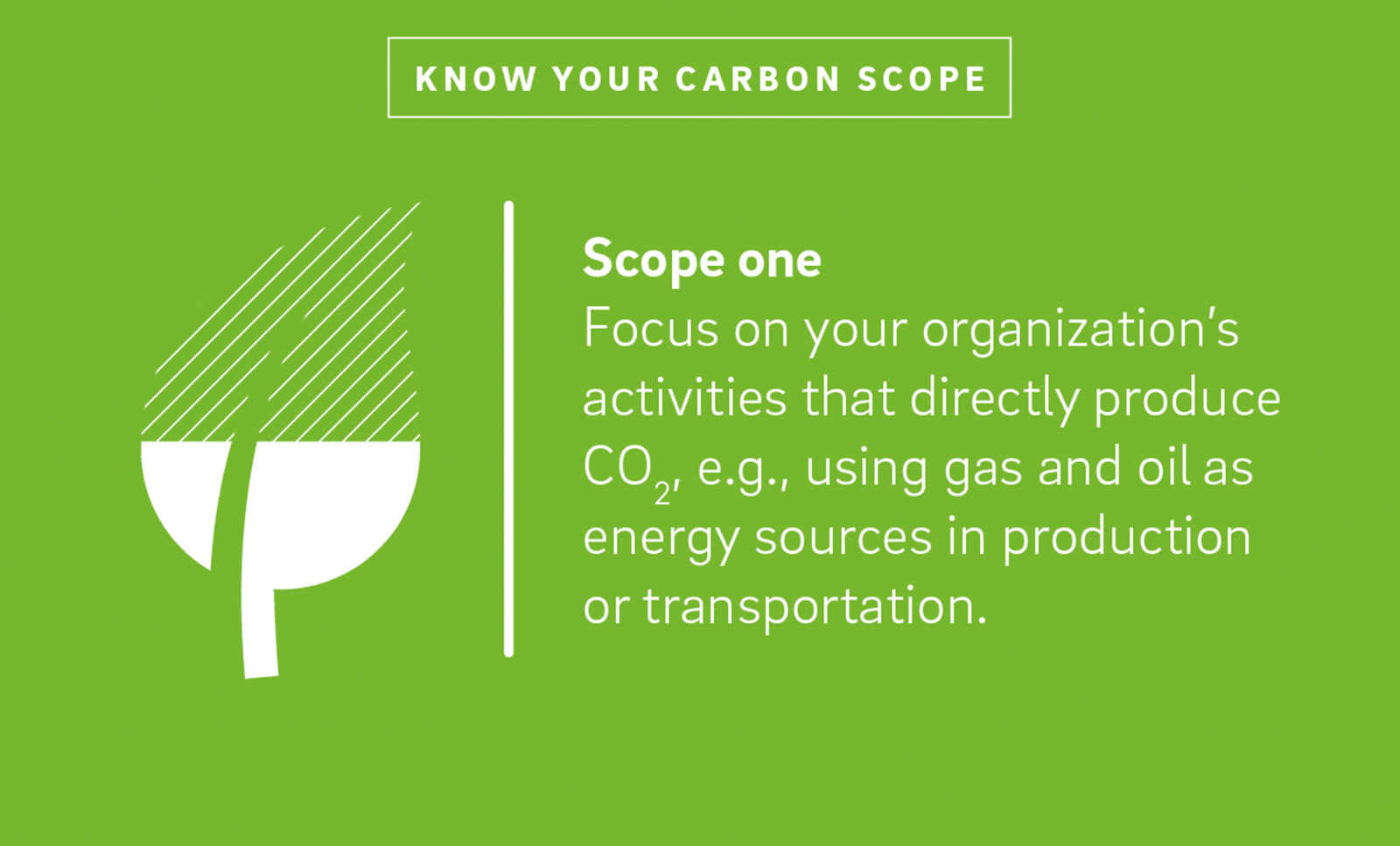 A leaf illustration next to the text "Scope one Focus on your organization's activities that directly produce CO2, e.g., using gas and oil as energy sources in production or transportation."
