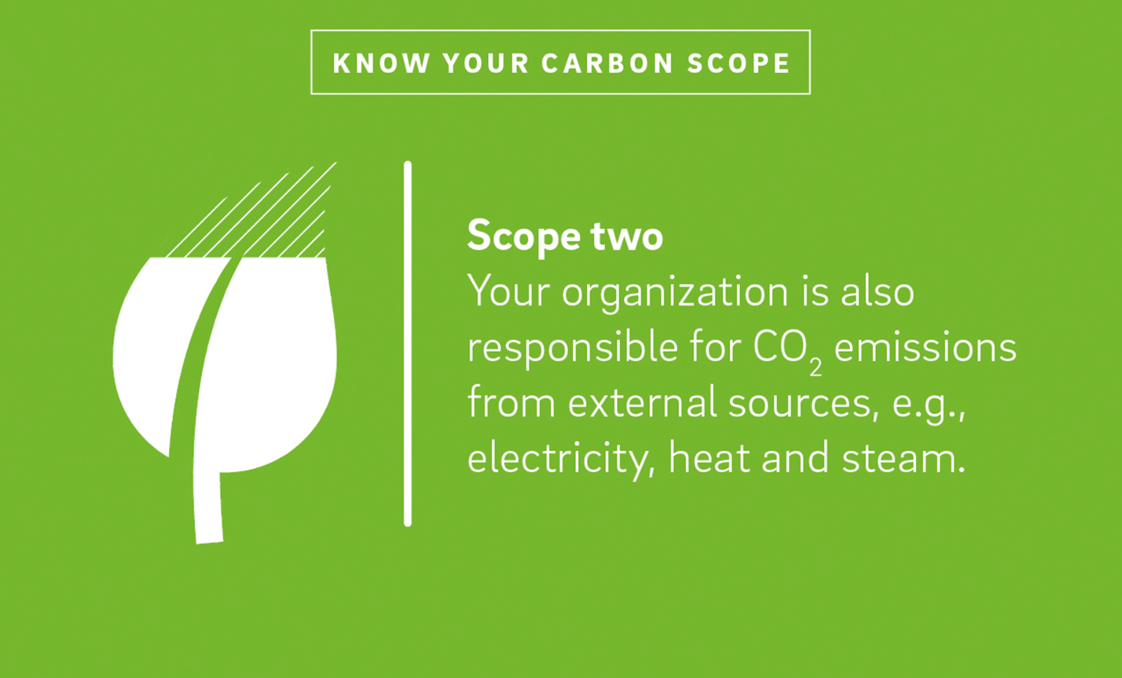 A leaf illustration next to the text "Scope two Your organization is also responsible for CO2 emissions from external sources, e.g., electricity, heat and steam."