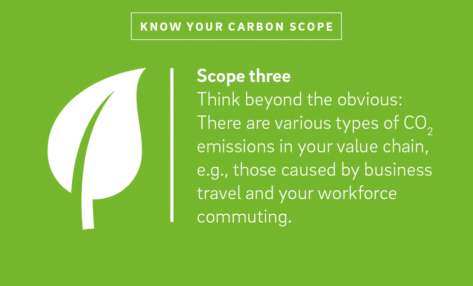 A leaf illustration next to the text Scope three Think beyond the obvious: There are various types of CO2 emissions in your value chain, e.g., those caused by business travel and your workforce commuting."