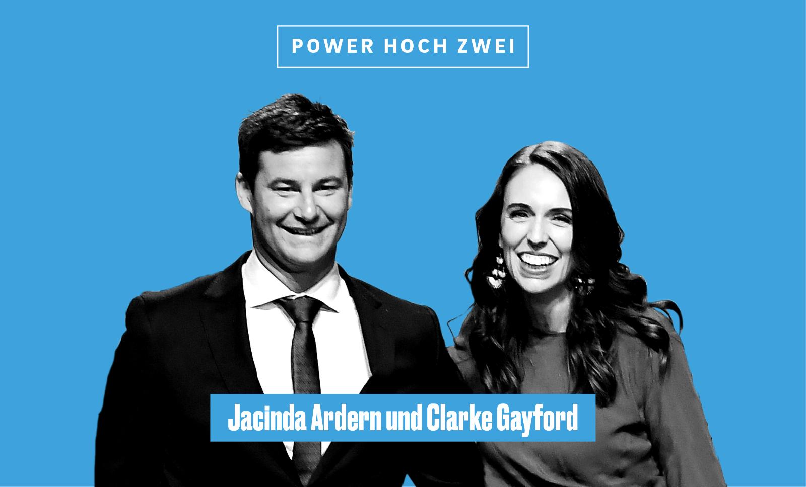 Ein Foto von Jacinda Ardern and Clarke Gayford – beide lachen.