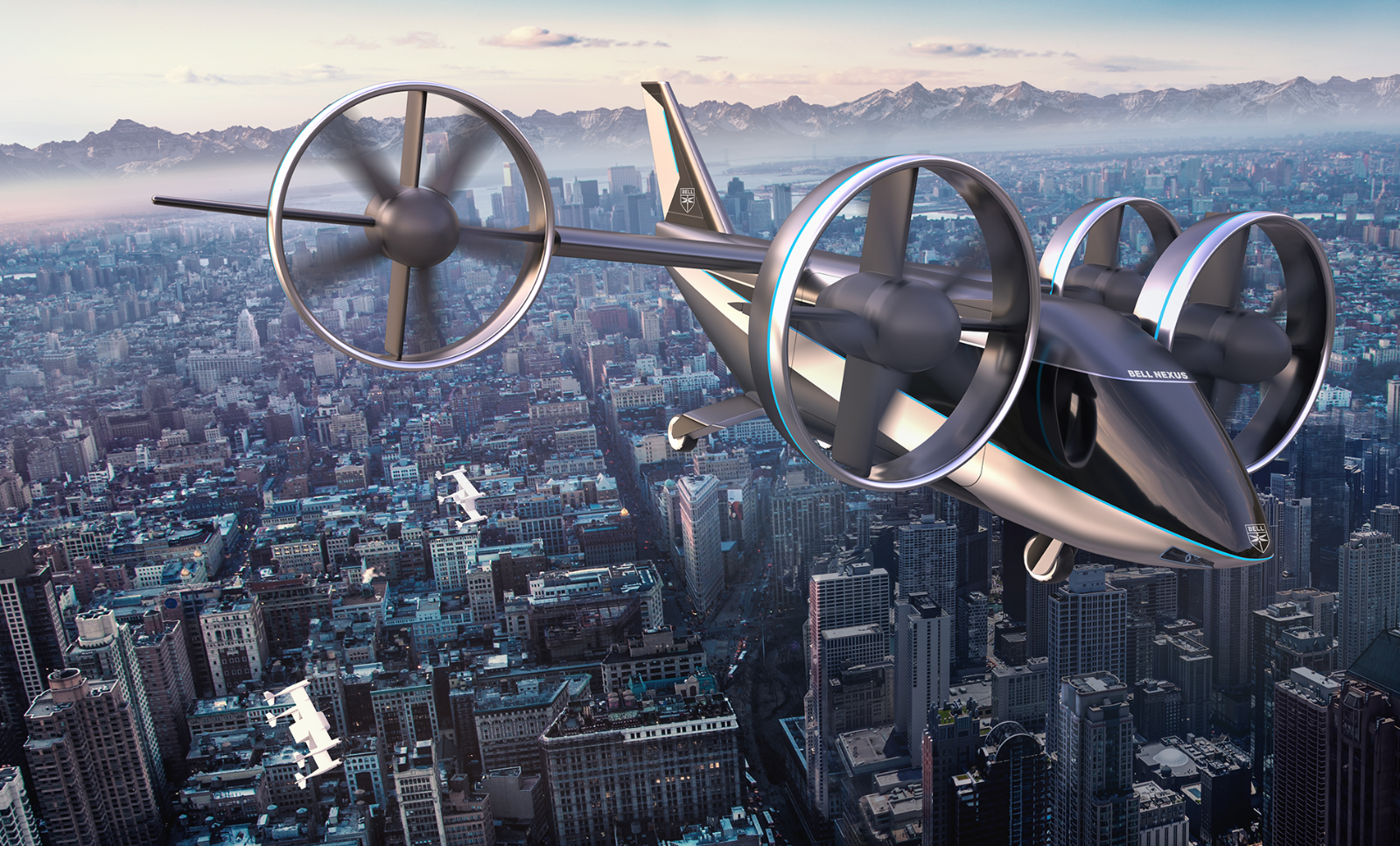 An Urban Air Mobility vehicle flies over a city.