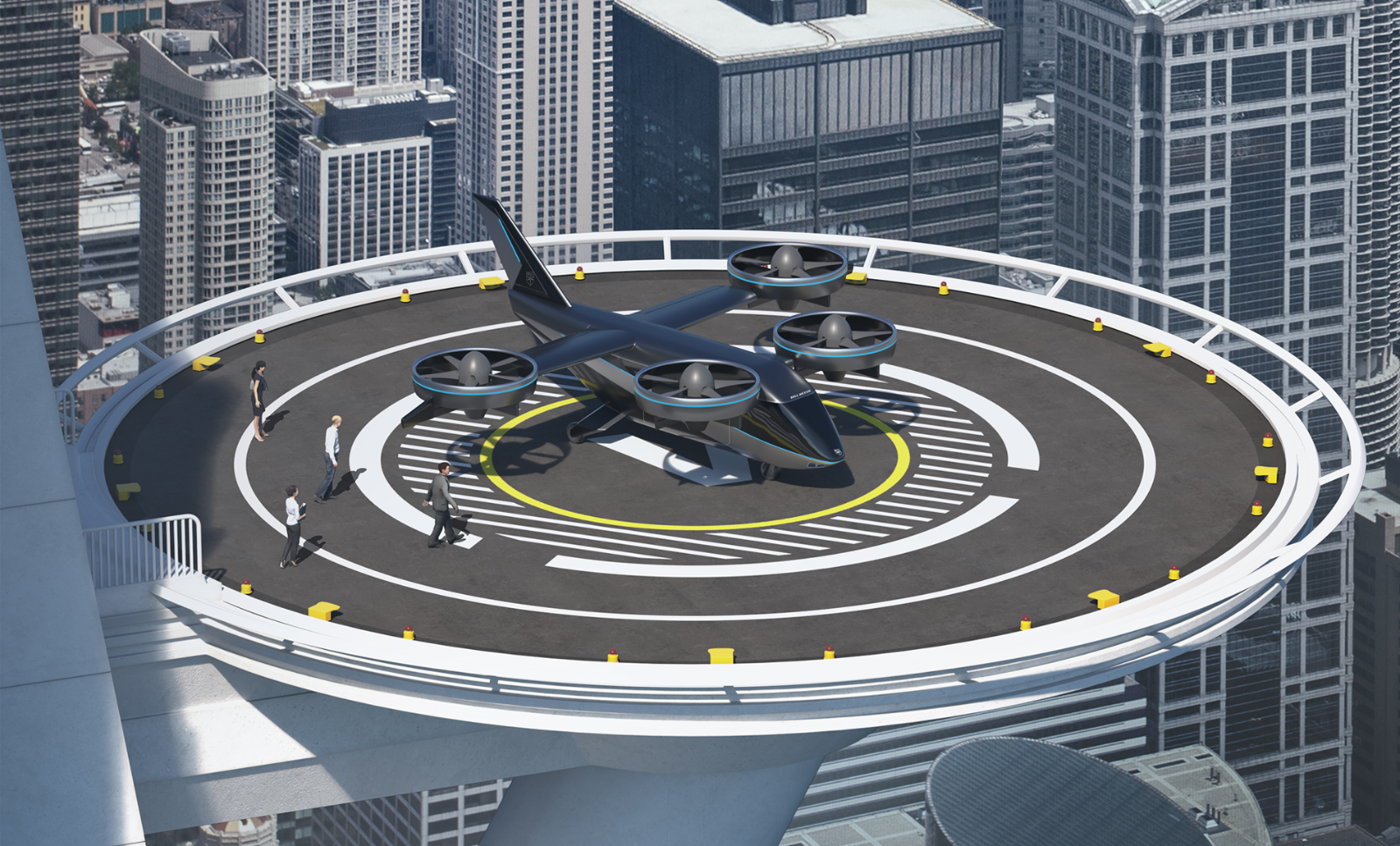 A model landing and take-off site for Urban Air Mobility vehicles in a city.