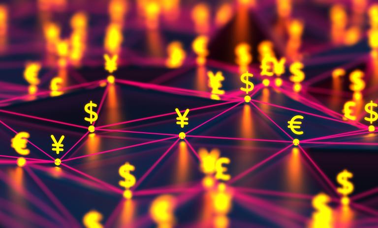 Network of connected financial nodes representing blockchain‑based banking settlement.