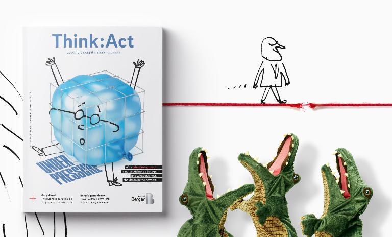 The Think:Act Magazine cover is shown with a balloon in the cage next to the words "under pressure"
