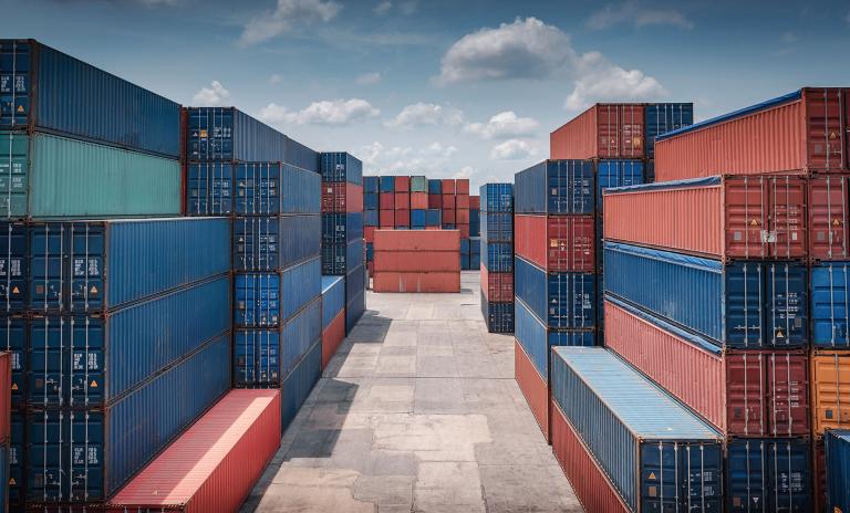 Row of Stacking Containers of Freight Import/Export Distribution Warehouse.