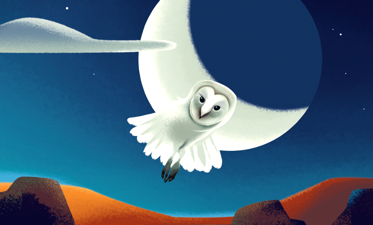 An illustration of a white owl in the night sky, representing Daniel Pink’s second chronotype.